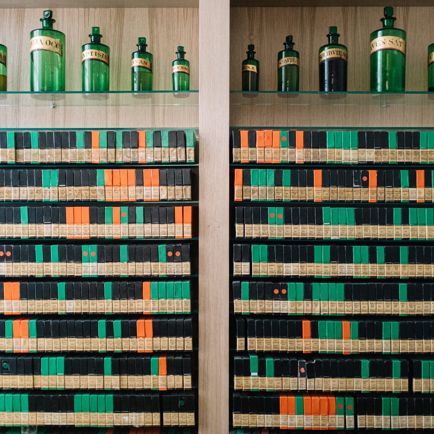 Nelsons Motherbank, a collection of ingredients for homeopathic remedies in Nelsons Homeopathic Pharmacy, Mayfair London