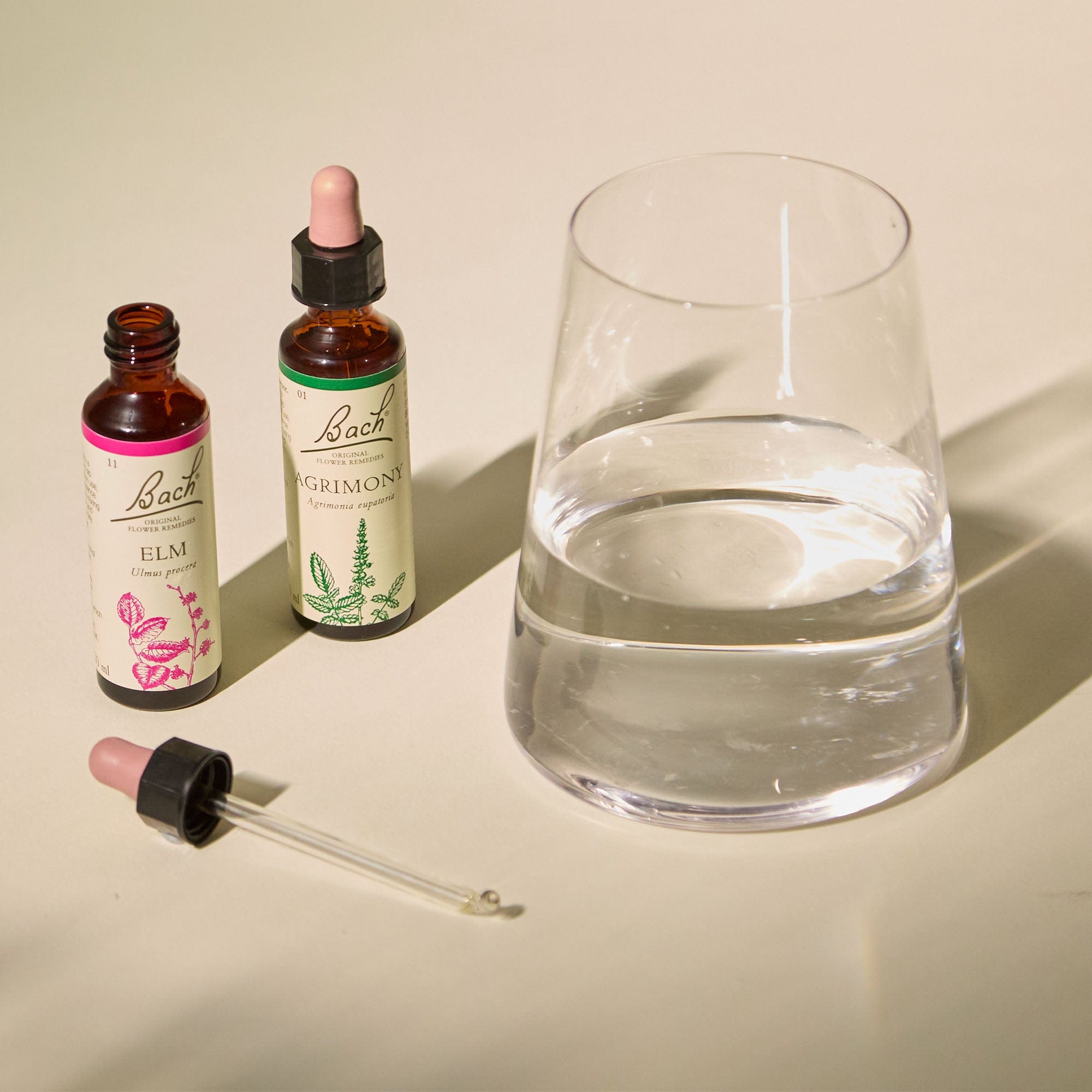 Bach™ Original Flower Remedy Agrimony and Elm dropped into glass of water