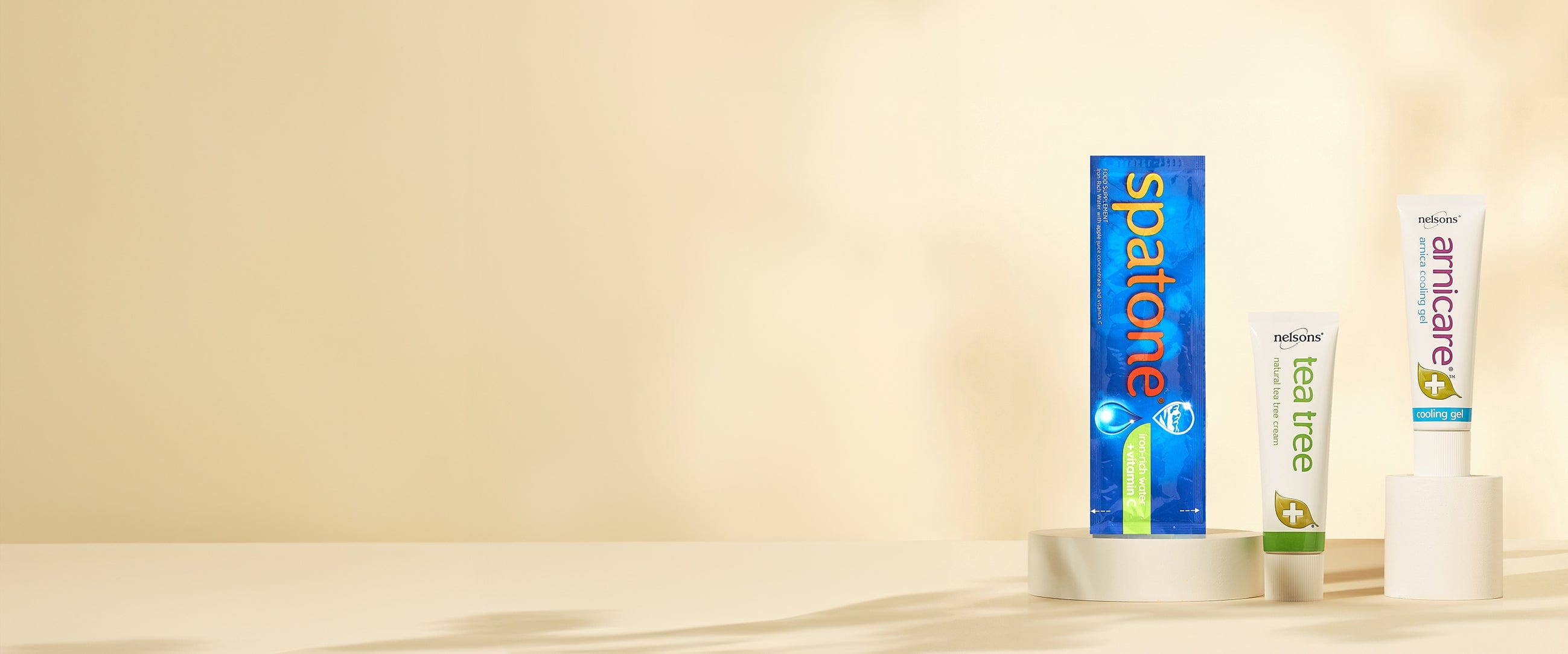 Nelsons® own-brand Tea Tree Cream, Arnicare® Cooling Gel and Spatone® Apple Vitamin C Sachet
