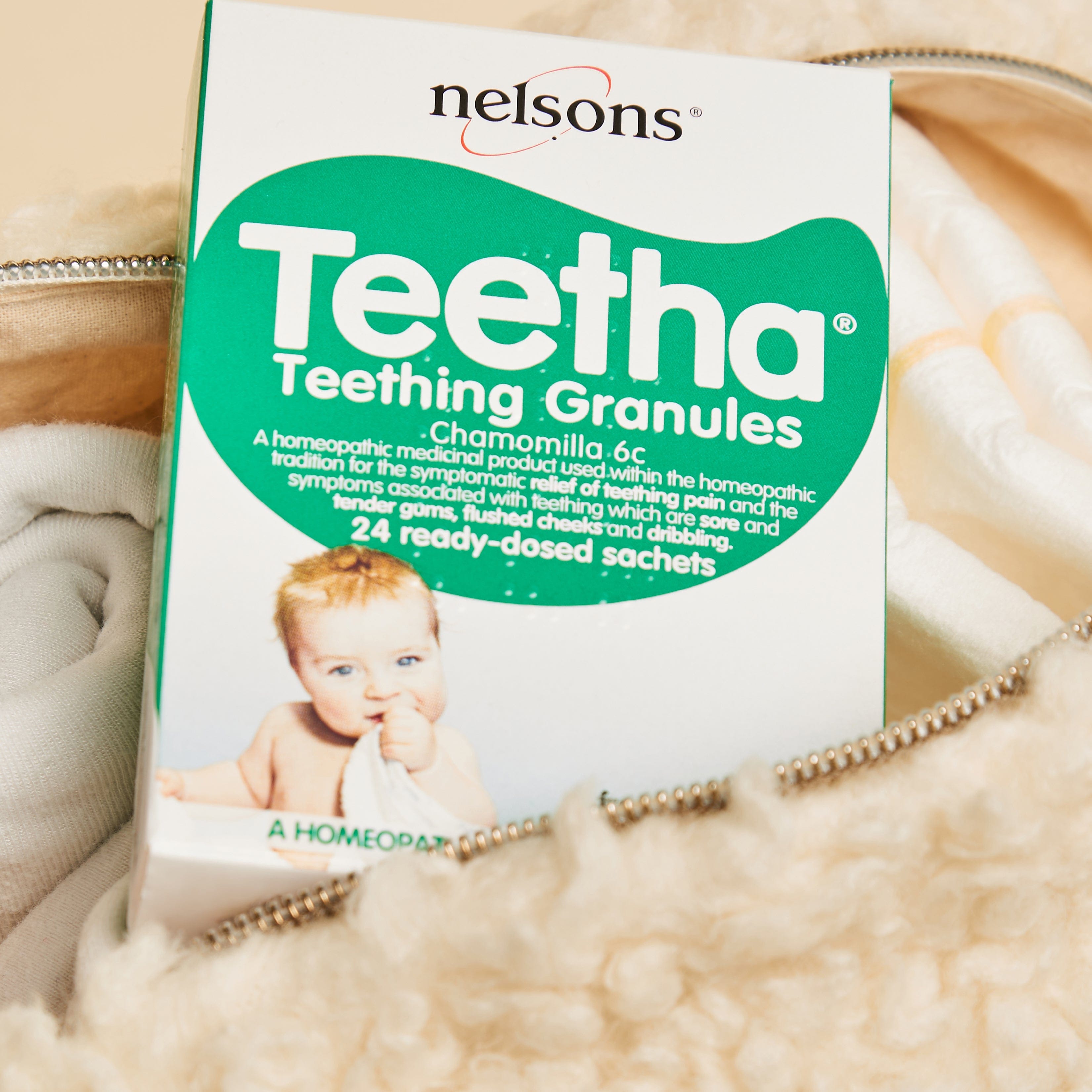 Nelsons Teetha® Granules homeopathic remedy 24 read-dosed sachets pack in baby changing bag