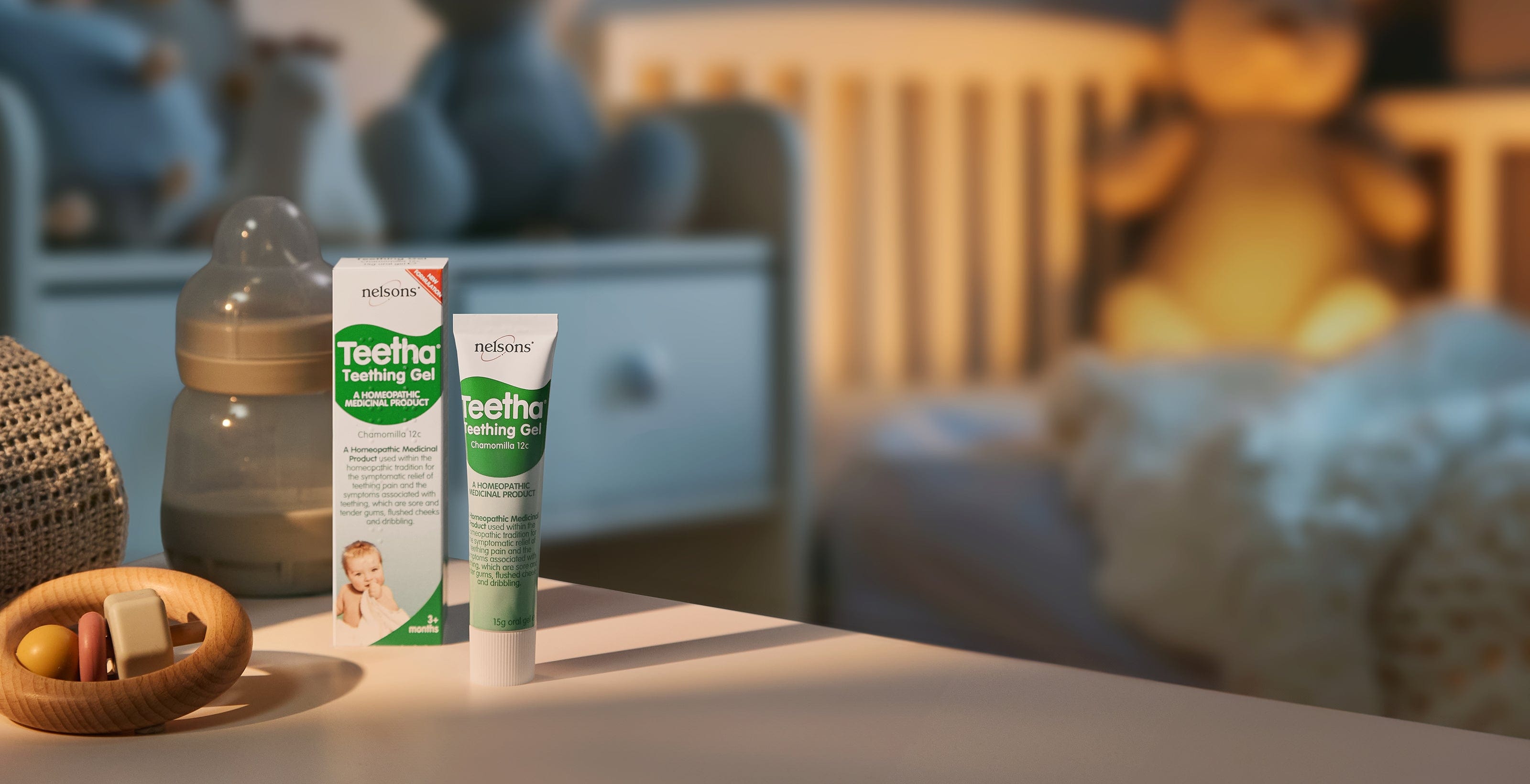 Nelsons Teetha® Teething Gel on nightstand at bed time