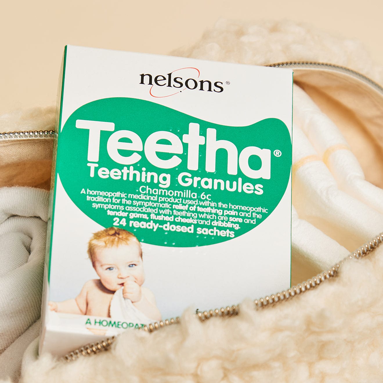Nelsons Teetha teething granules 24 ready-dosed sachets in baby changing bag