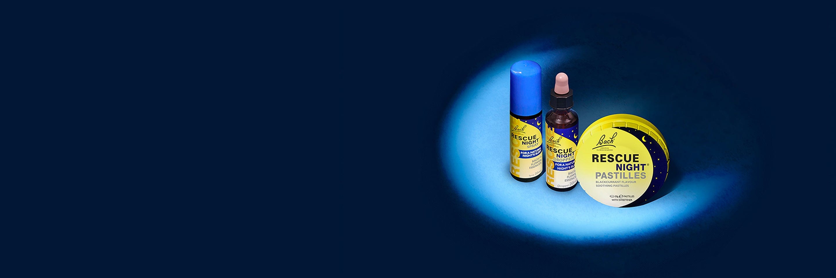 Rescue Night® dropper, spray and blackcurrant flavoured pastilles in the silhouette of the moon