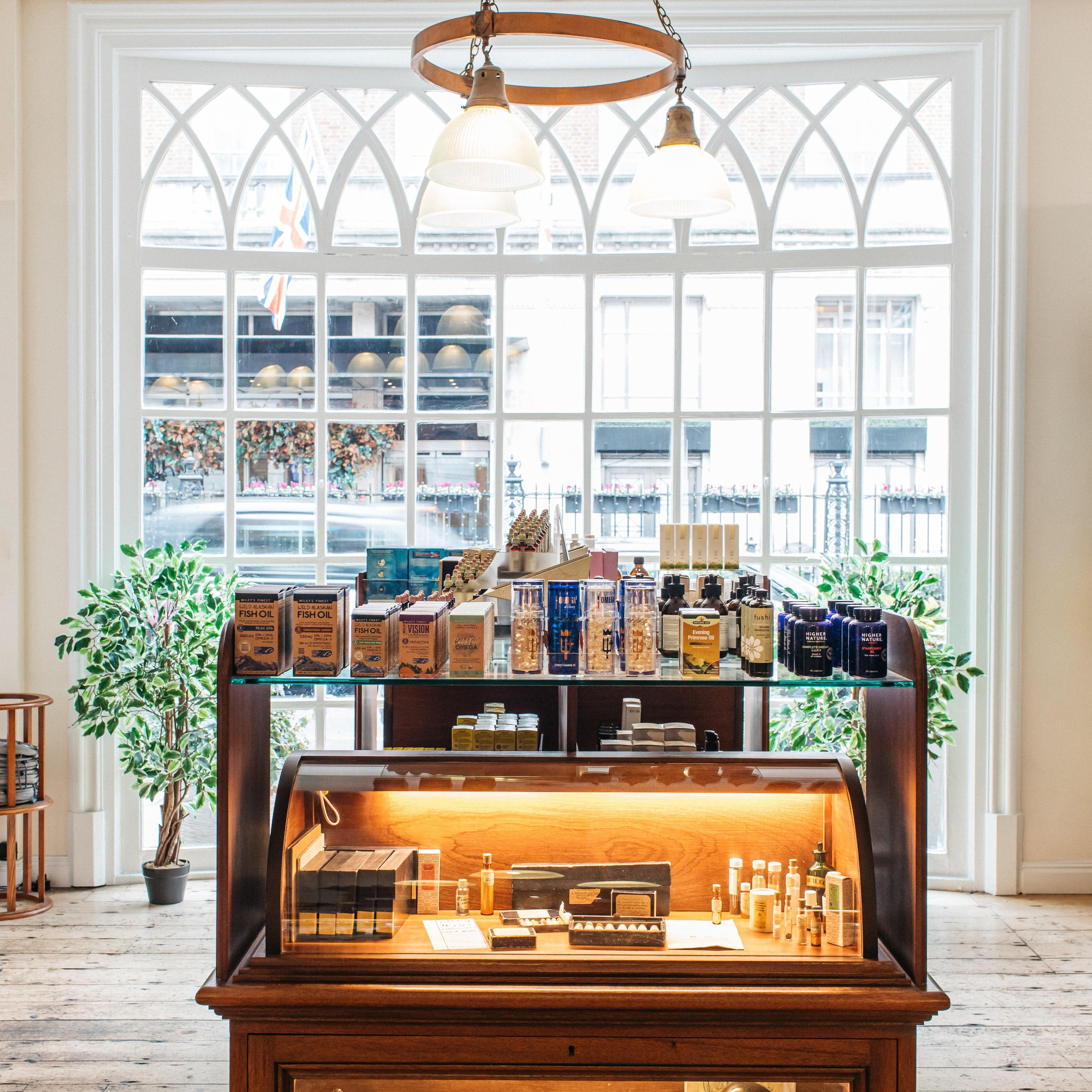 Nelsons Homeopathic Pharmacy window and stand in Mayfair, London 