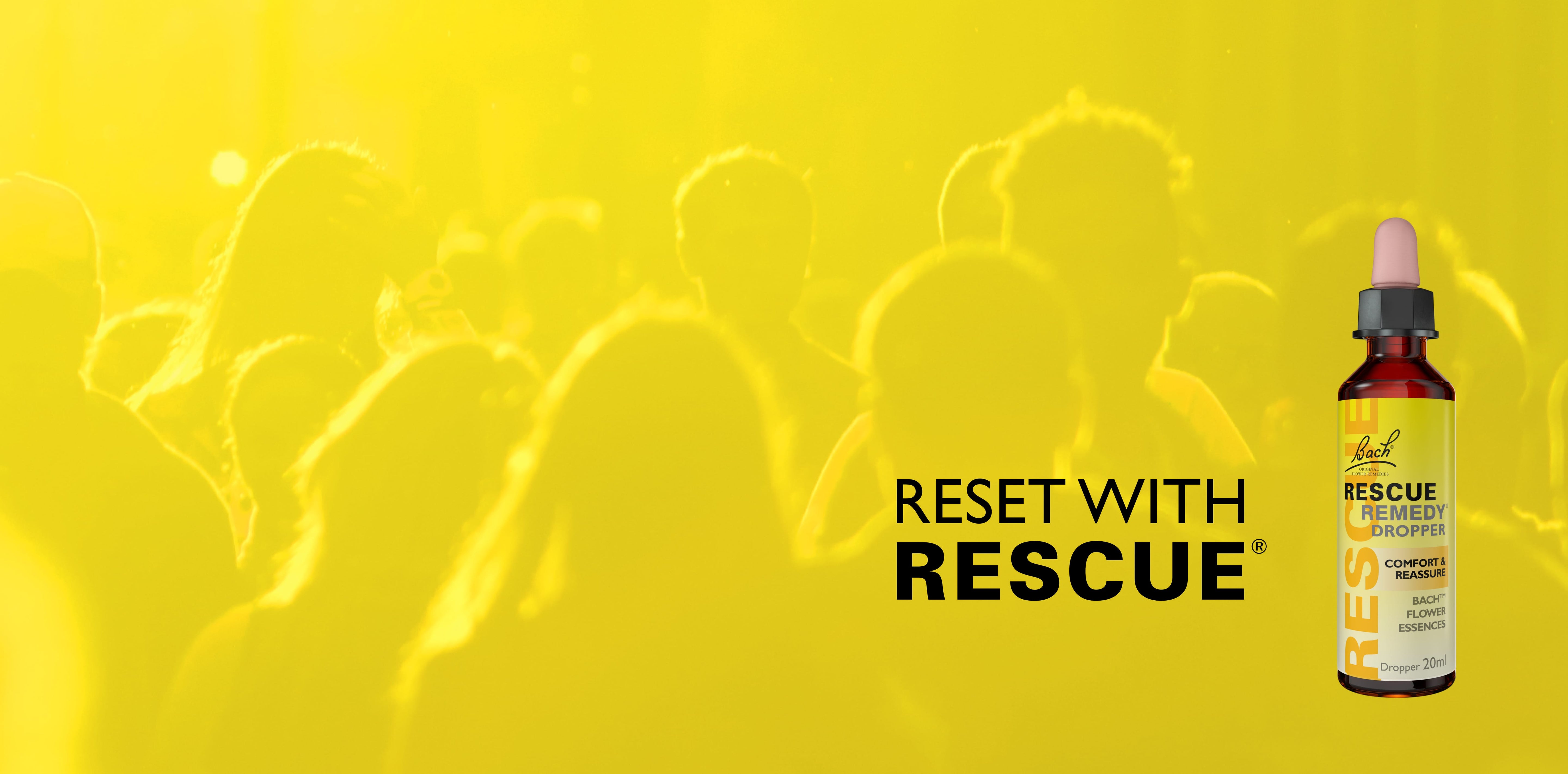 Bottle of Rescue remedy with people in silhouette against a yellow background