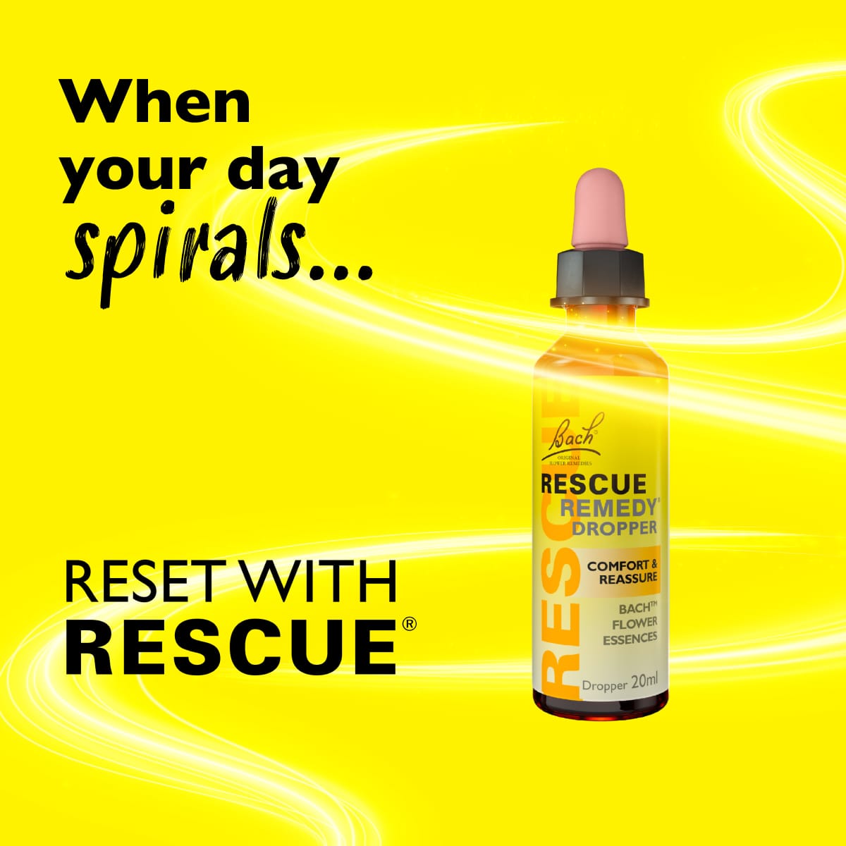 Bach Rescue Remedy Dropper bottle on a yellow background with promotional text.