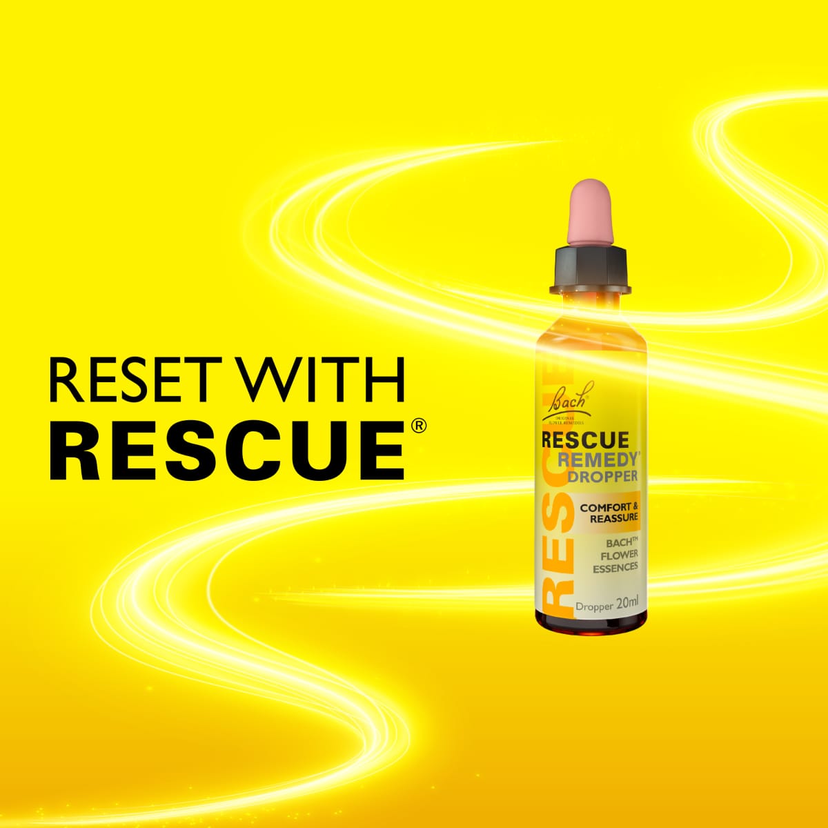 Bach Rescue Remedy Dropper bottle on a yellow background with text 'Reset with Rescue'.