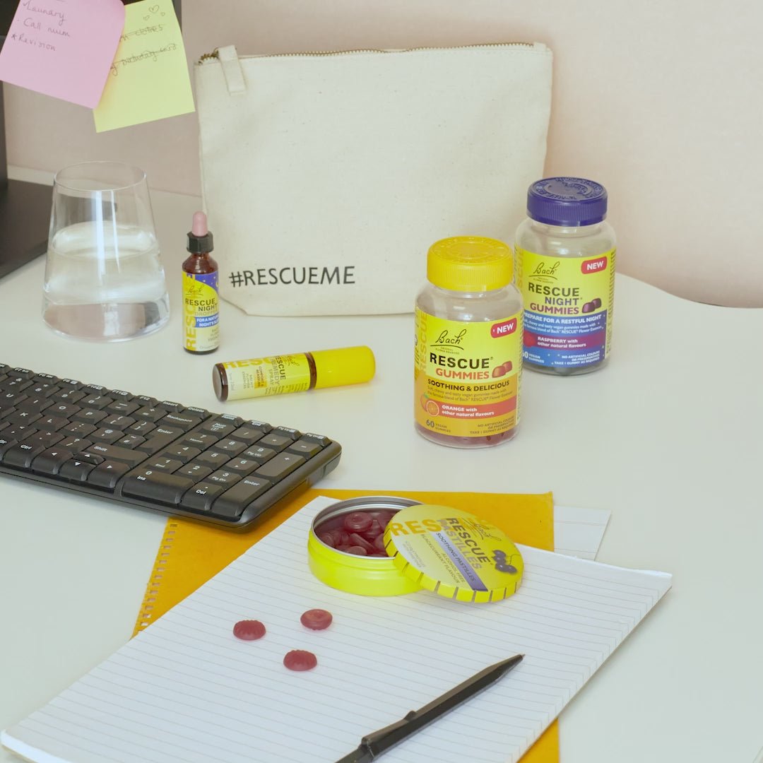 Quick video of the Exam Support Kit products( Rescue day & Gummies, Rescue Remedy spray, Rescue Night Dropper and Rescue Blackcurrant pastilles) appearing and disappearing.